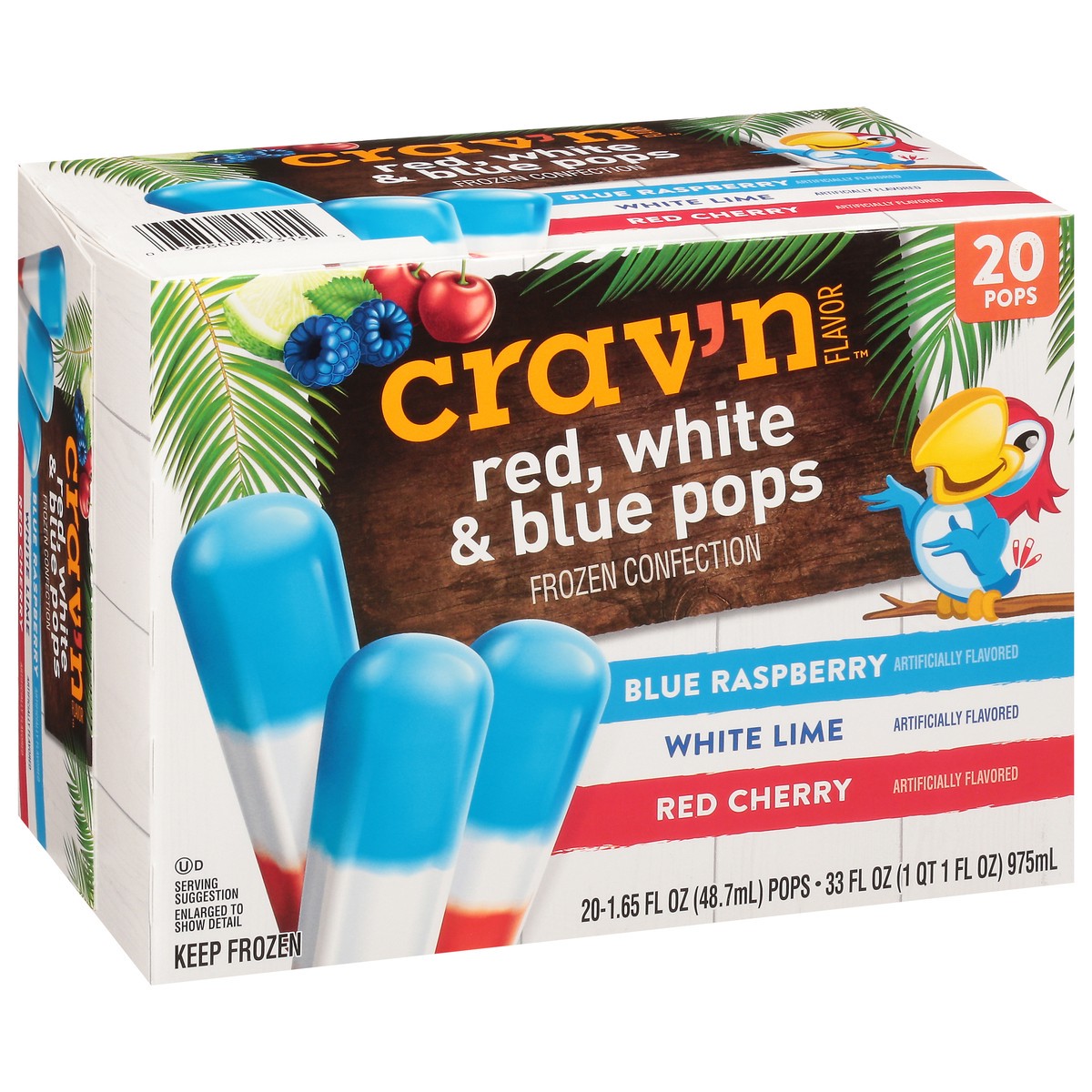 slide 7 of 18, Crav'n Flavor Red, White & Blue Pops Blue Raspberry/White Lime/Red Cherry Frozen Confection 20 ea, 33 oz