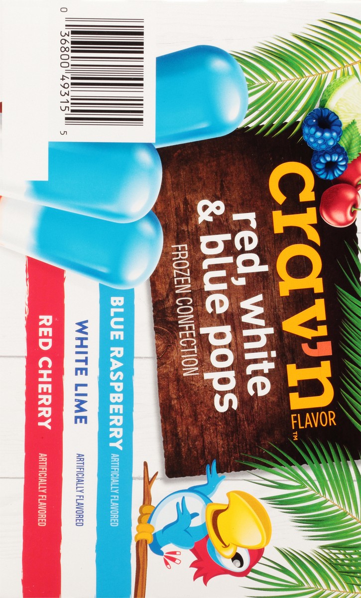 slide 3 of 18, Crav'n Flavor Red, White & Blue Pops Blue Raspberry/White Lime/Red Cherry Frozen Confection 20 ea, 33 oz