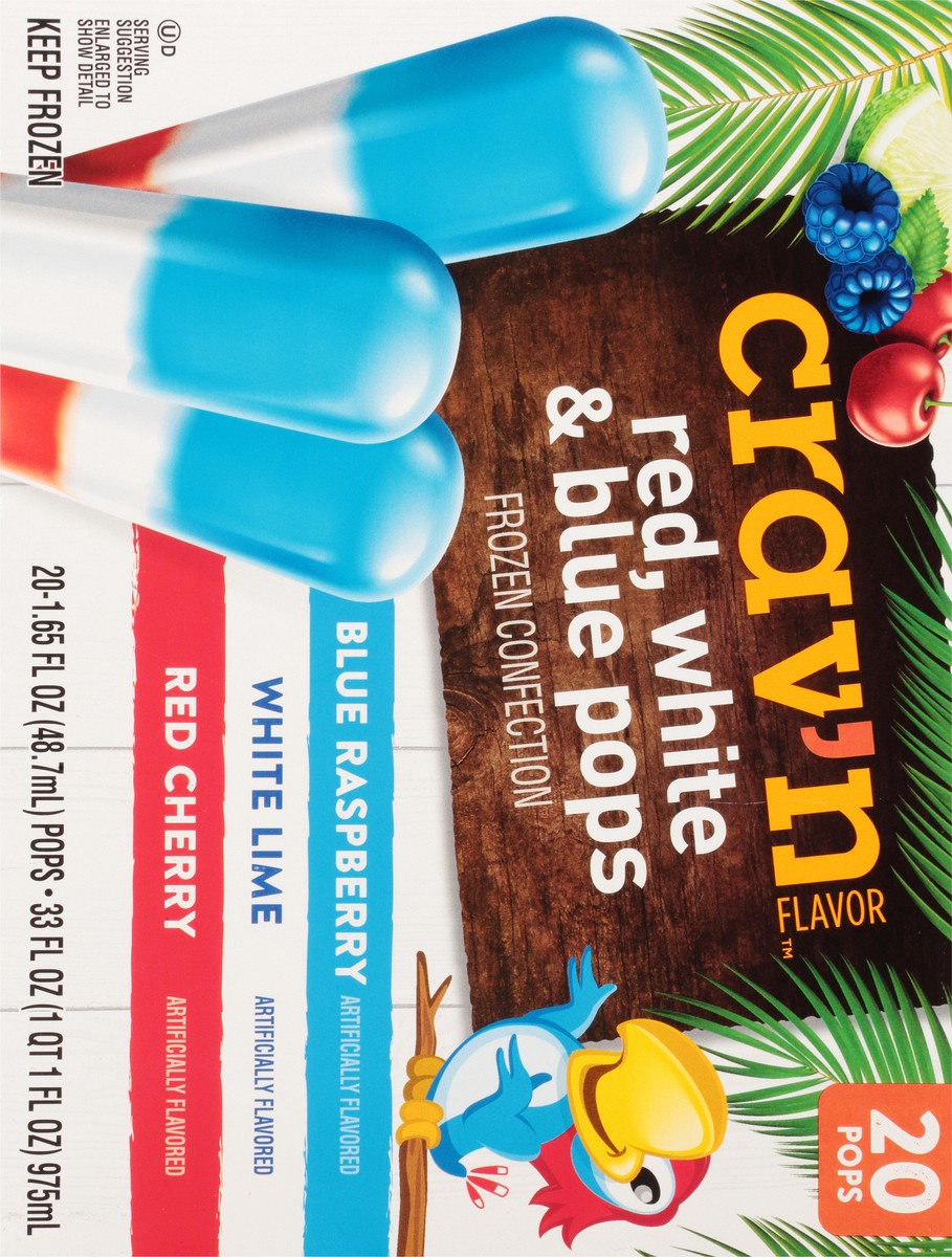 slide 15 of 18, Crav'n Flavor Red, White & Blue Pops Blue Raspberry/White Lime/Red Cherry Frozen Confection 20 ea, 33 oz