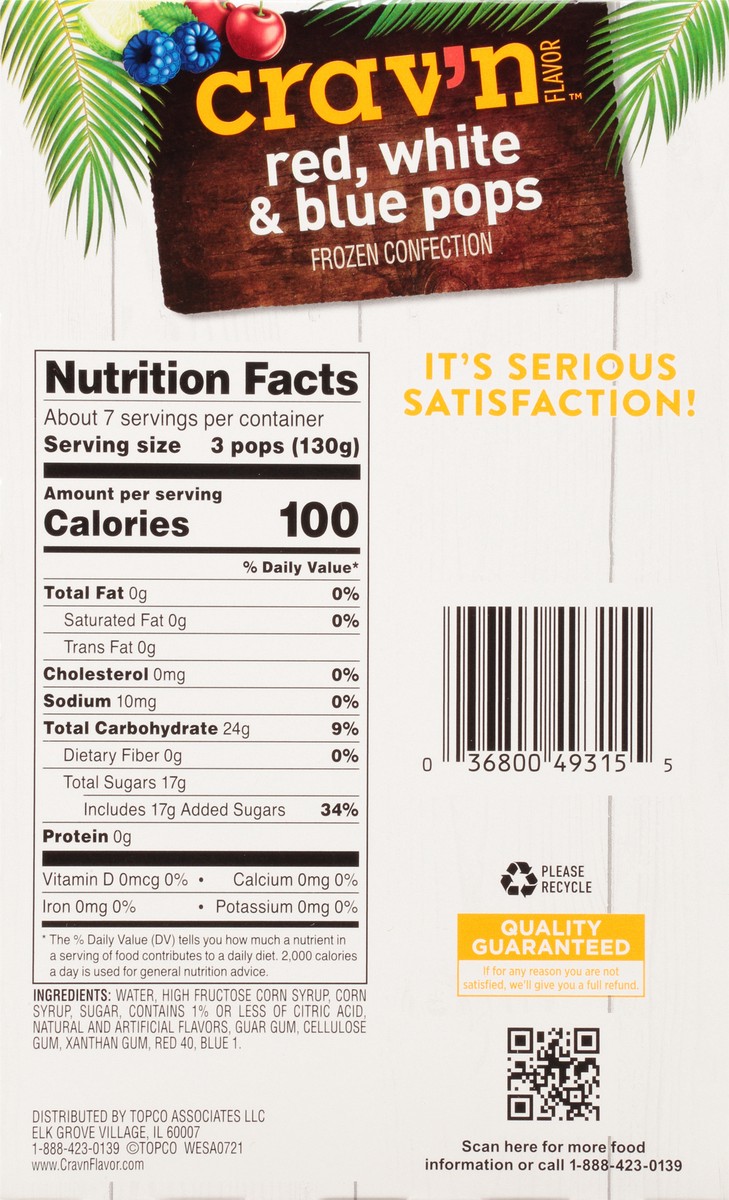 slide 14 of 18, Crav'n Flavor Red, White & Blue Pops Blue Raspberry/White Lime/Red Cherry Frozen Confection 20 ea, 33 oz