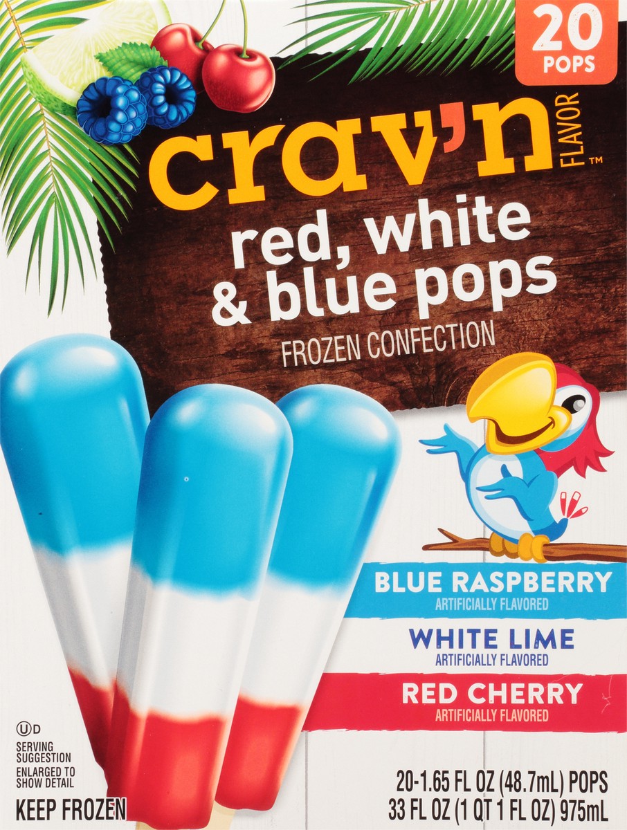 slide 1 of 18, Crav'n Flavor Red, White & Blue Pops Blue Raspberry/White Lime/Red Cherry Frozen Confection 20 ea, 33 oz
