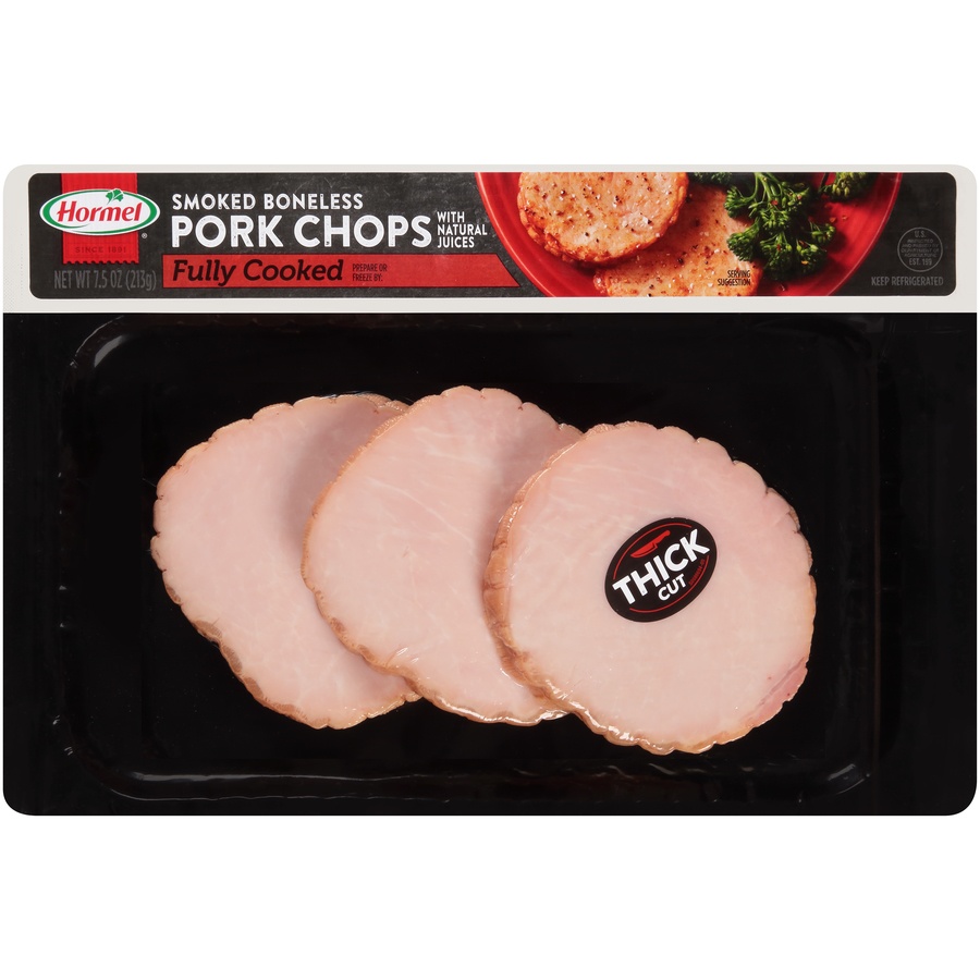 slide 1 of 6, Hormel Thick Cut Fully Cooked Smoked Boneless Pork Chops, 7.5 oz