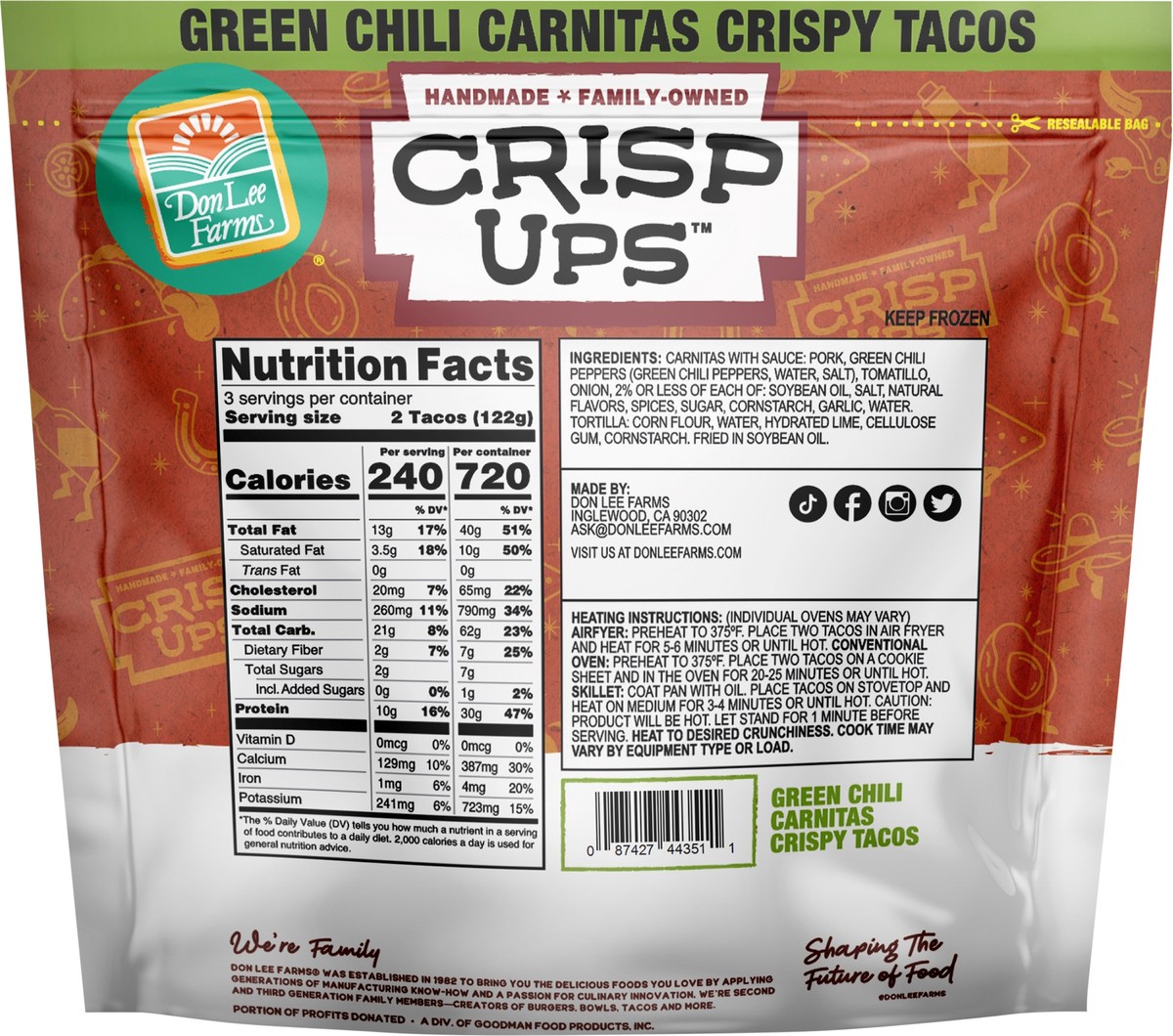 slide 3 of 8, Don Lee Farms CrispUps Green Chili Carnitas Crispy Tacos 6 Ct, 6 ct