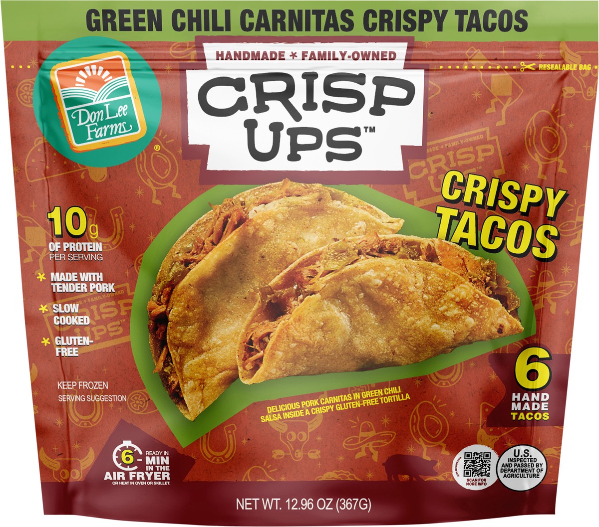 slide 4 of 8, Don Lee Farms CrispUps Green Chili Carnitas Crispy Tacos 6 Ct, 6 ct