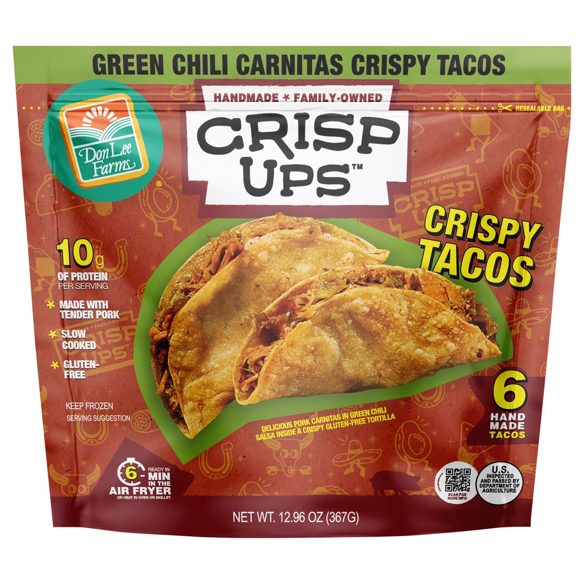 slide 5 of 8, Don Lee Farms CrispUps Green Chili Carnitas Crispy Tacos 6 Ct, 6 ct