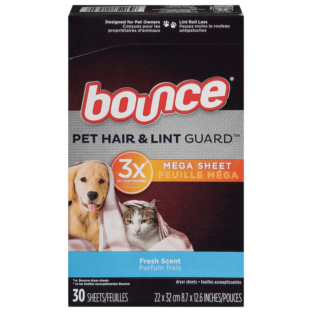 slide 1 of 6, Bounce® Pet Hair & Lint Guard MegaSheets Dryer Sheets - Fresh Scent, 30 ct