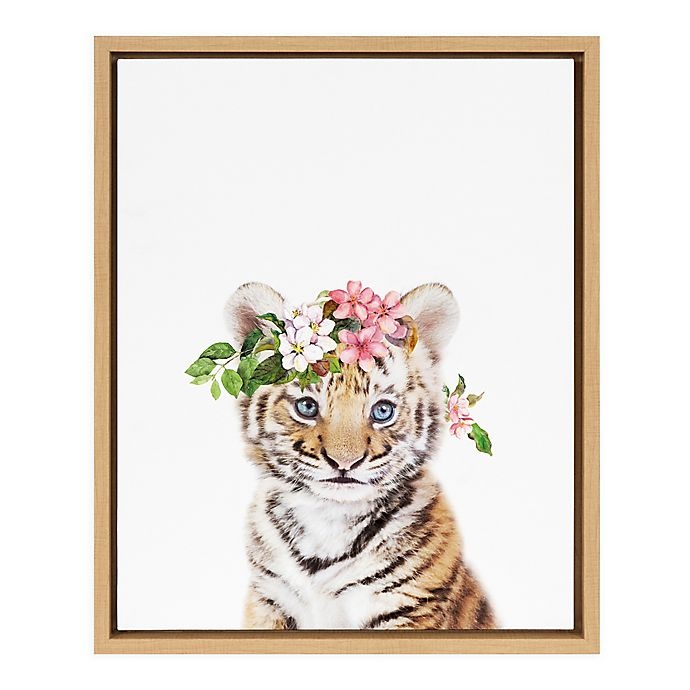 slide 1 of 5, Marmalade Flower Crown Tiger Cub Framed Canvas Wall Art, 16 in x 20 in