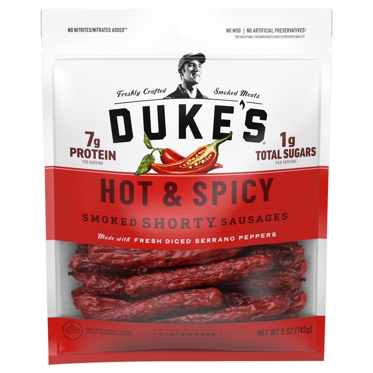 slide 1 of 1, Duke's Pork Hot & Spicy Smoked Shorty Sausages, 7g Protein Per Serving, 5 oz., 5 oz