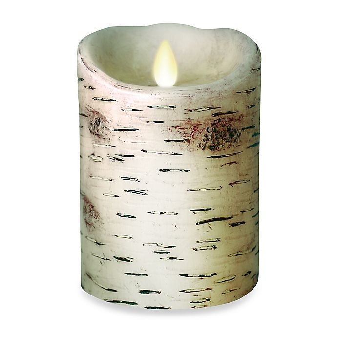 slide 1 of 1, Luminara Birch Real-Flame Effect Pillar Candle, 5 in