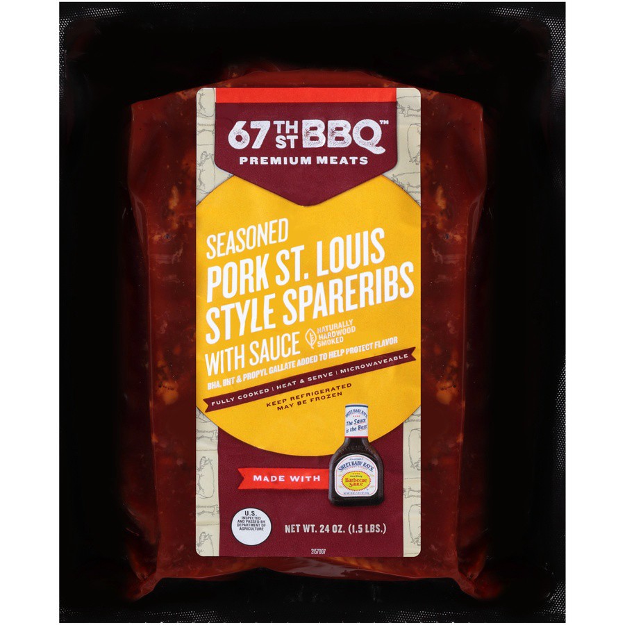 slide 1 of 6, 67th Street BBQ Sweet Baby Ray's Seasoned Pork St. Louis Style Spareribs With Sauce, 24 oz