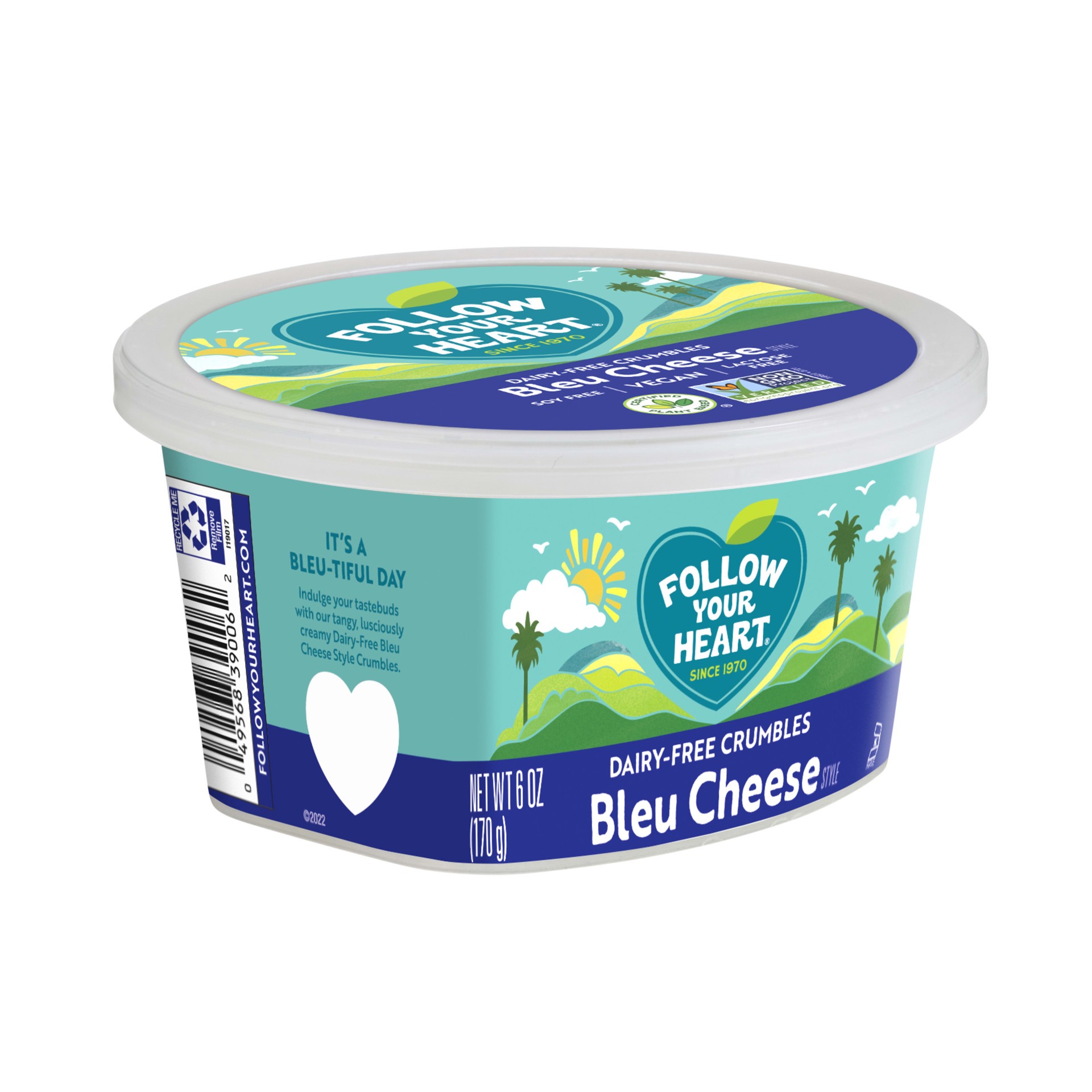slide 4 of 5, Follow Your Heart Dairy Free Cheese, Bleu Cheese Crumbles, Vegan, Gluten Free, 6 OZ Tub, 6 oz