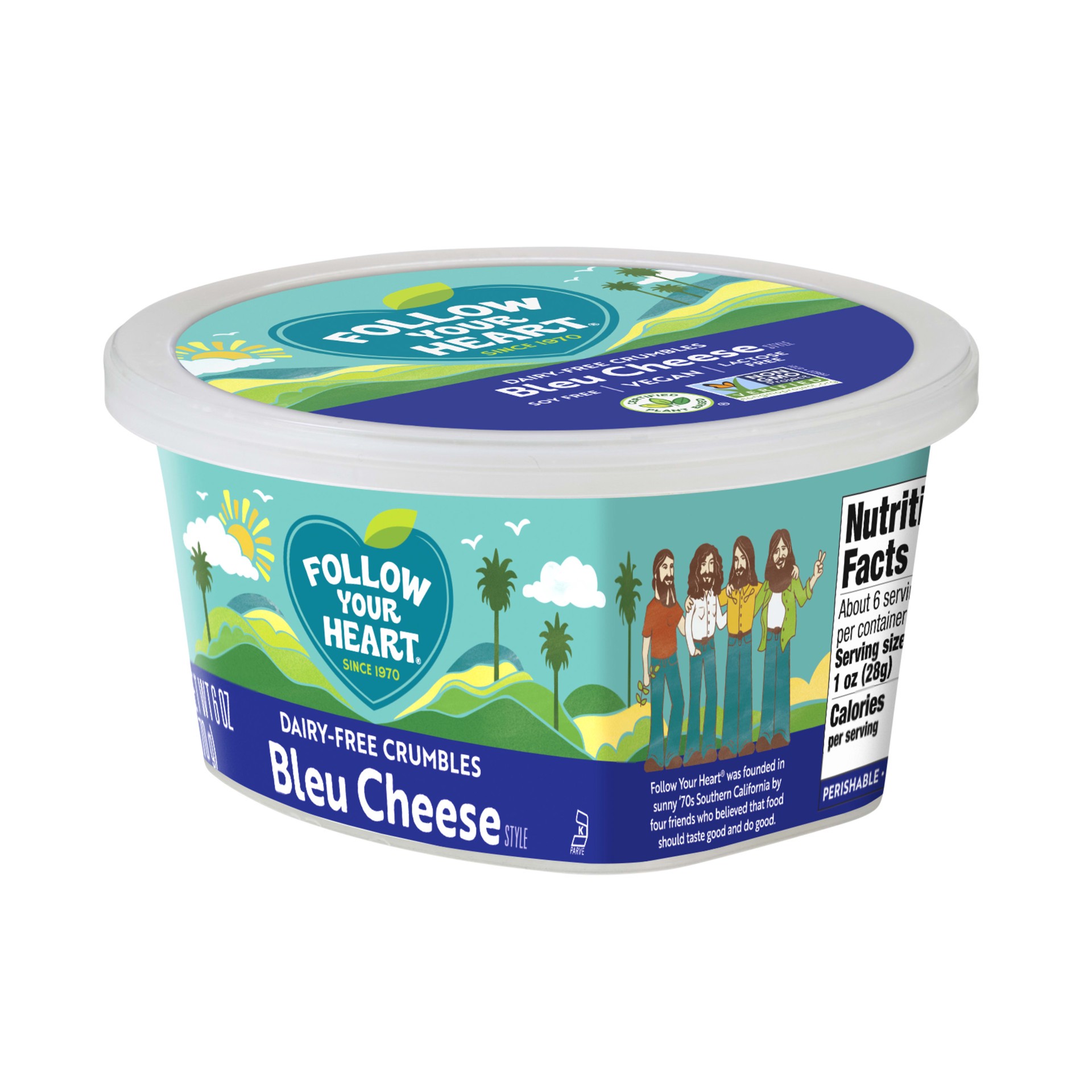 slide 2 of 5, Follow Your Heart Dairy Free Cheese, Bleu Cheese Crumbles, Vegan, Gluten Free, 6 OZ Tub, 6 oz