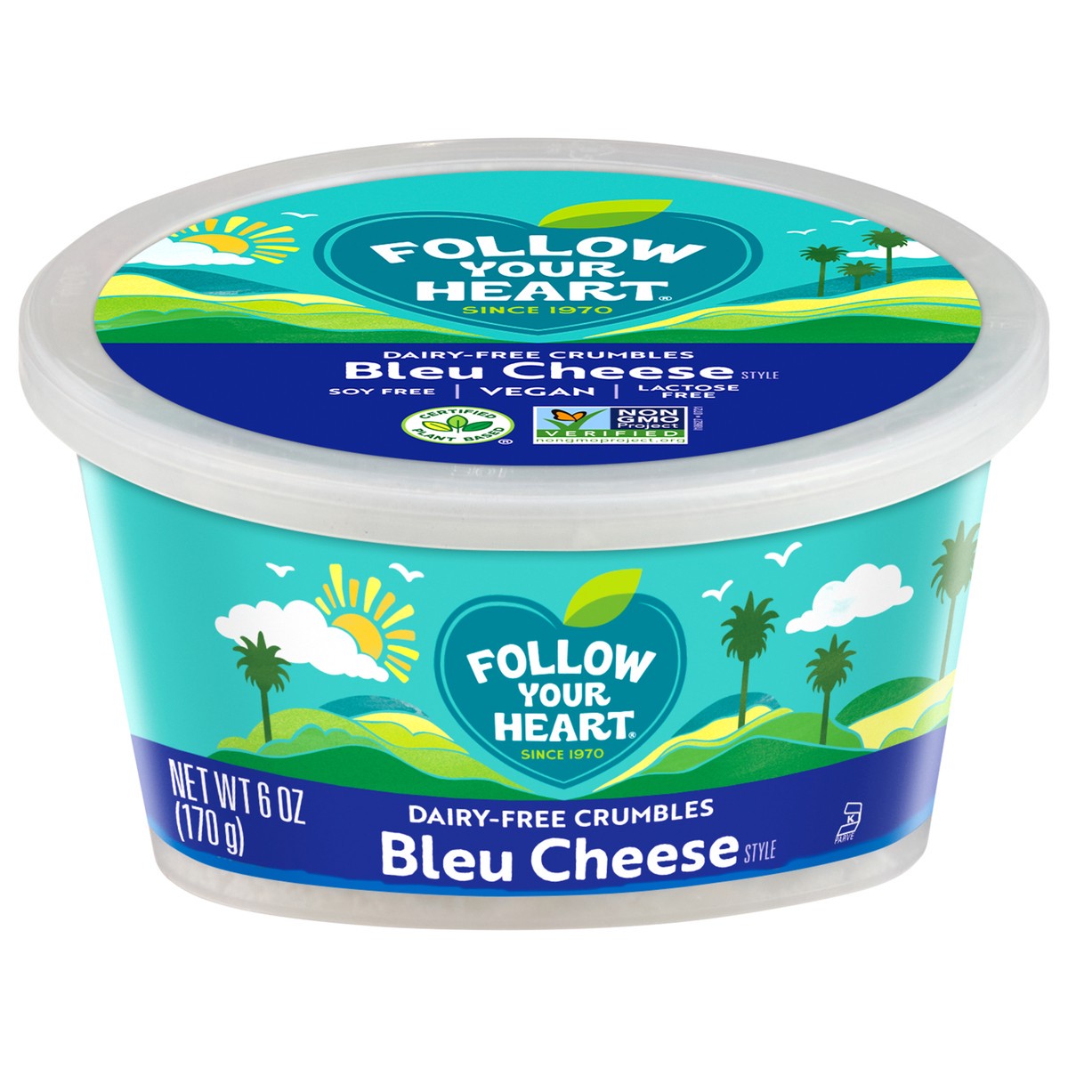 slide 1 of 5, Follow Your Heart Dairy Free Cheese, Bleu Cheese Crumbles, Vegan, Gluten Free, 6 OZ Tub, 6 oz