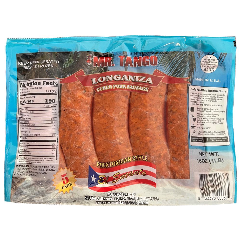 slide 1 of 1, Mr. Tango Longaniza Cured Pork Sausage, 16 oz