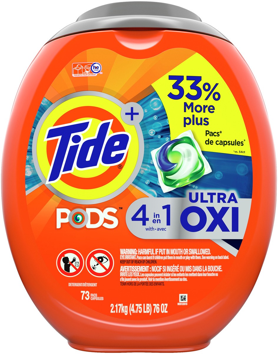 slide 1 of 9, Tide + Pods Pacs Ultra Oxi 4 in 1 Detergent 73 ea, 73 ct