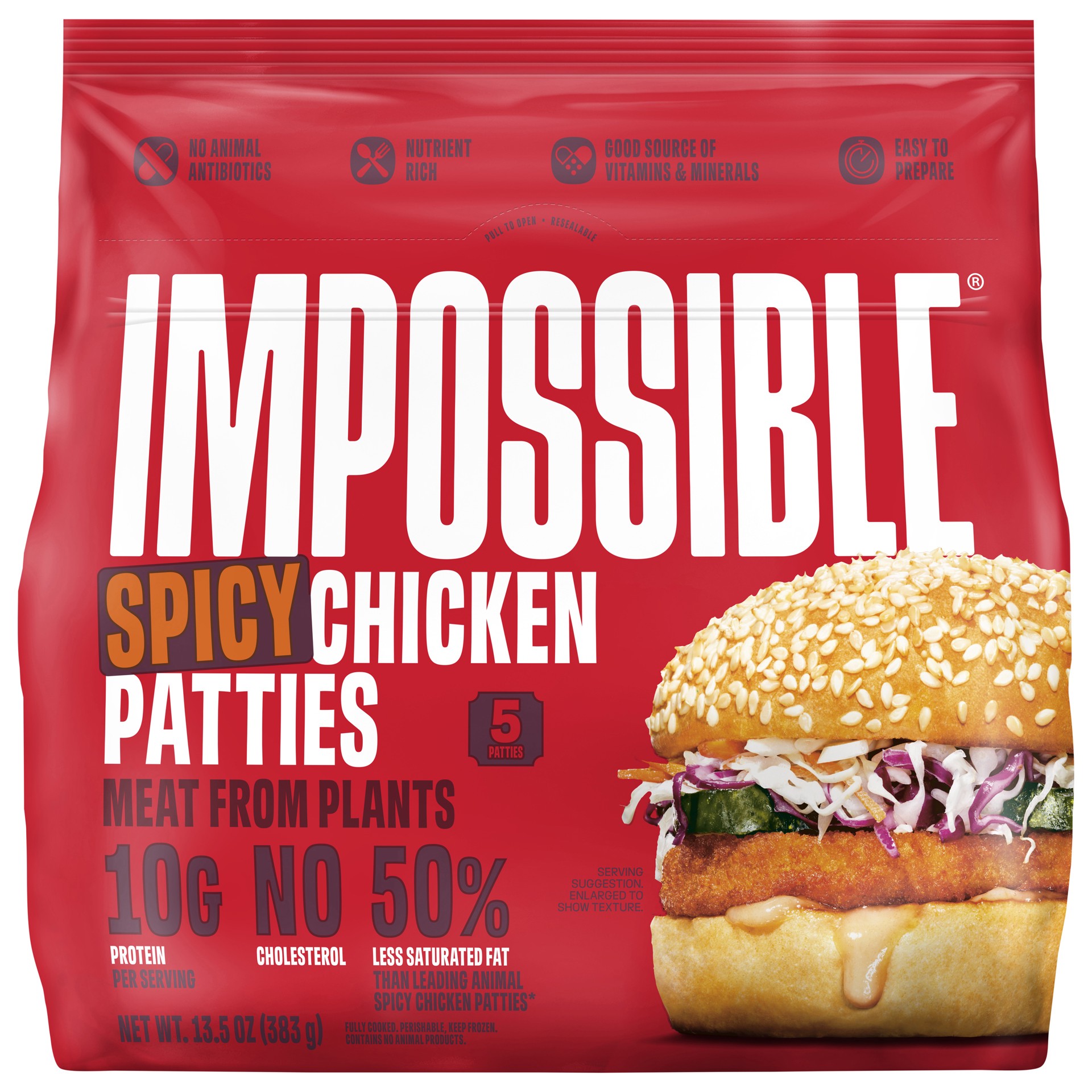 slide 1 of 6, Impossible™ Spicy Chicken Patties Meat From Plants, Frozen, Fully Cooked, 5 Patties, 13.5 oz, 5 ct
