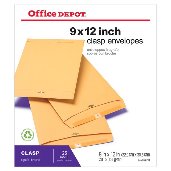 slide 3 of 3, Office Depot Brand 9"" X 12"" Manila Envelopes, Clasp Closure, Brown Kraft, Box Of 25, 25 ct