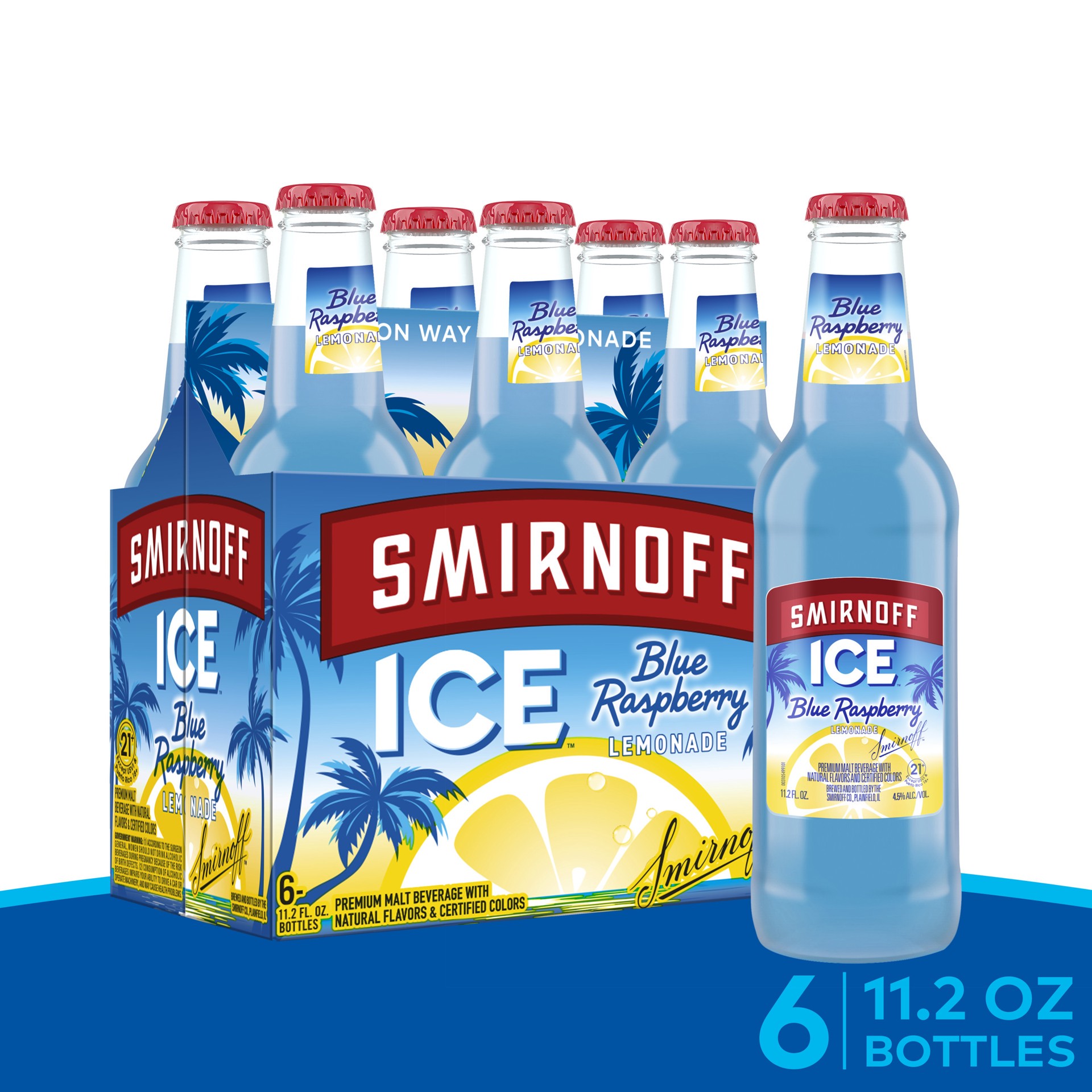 slide 1 of 10, Smirnoff Ice Blue Raspberry Lemonade, 11.2 fl oz, 6 Pack Bottles, 4.5% ABV, 11.2 fl oz