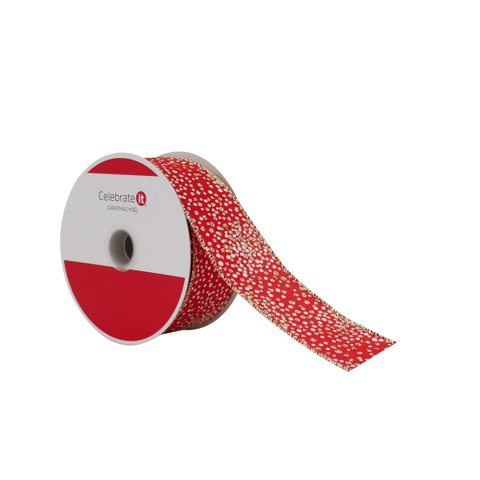 slide 3 of 3, 1.5" X 30ft. Red & Gold Dots Wired Ribbon By Celebrate It, 1.5 in x 30 ft
