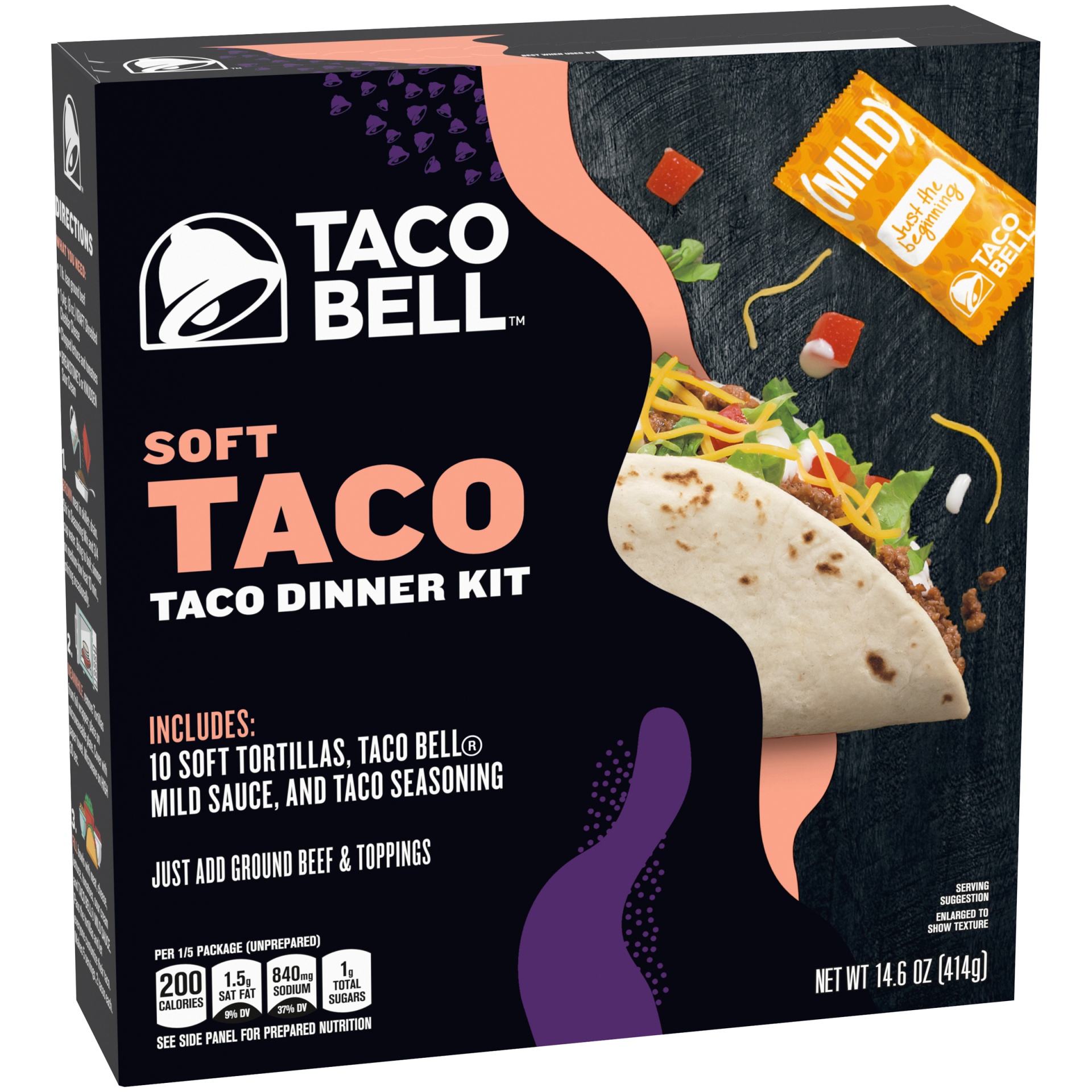 slide 2 of 6, Taco Bell Soft Taco Cravings Kit with 10 Soft Tortillas, Taco Bell Mild Sauce & Seasoning, 14.6 oz Box, 14.6 oz