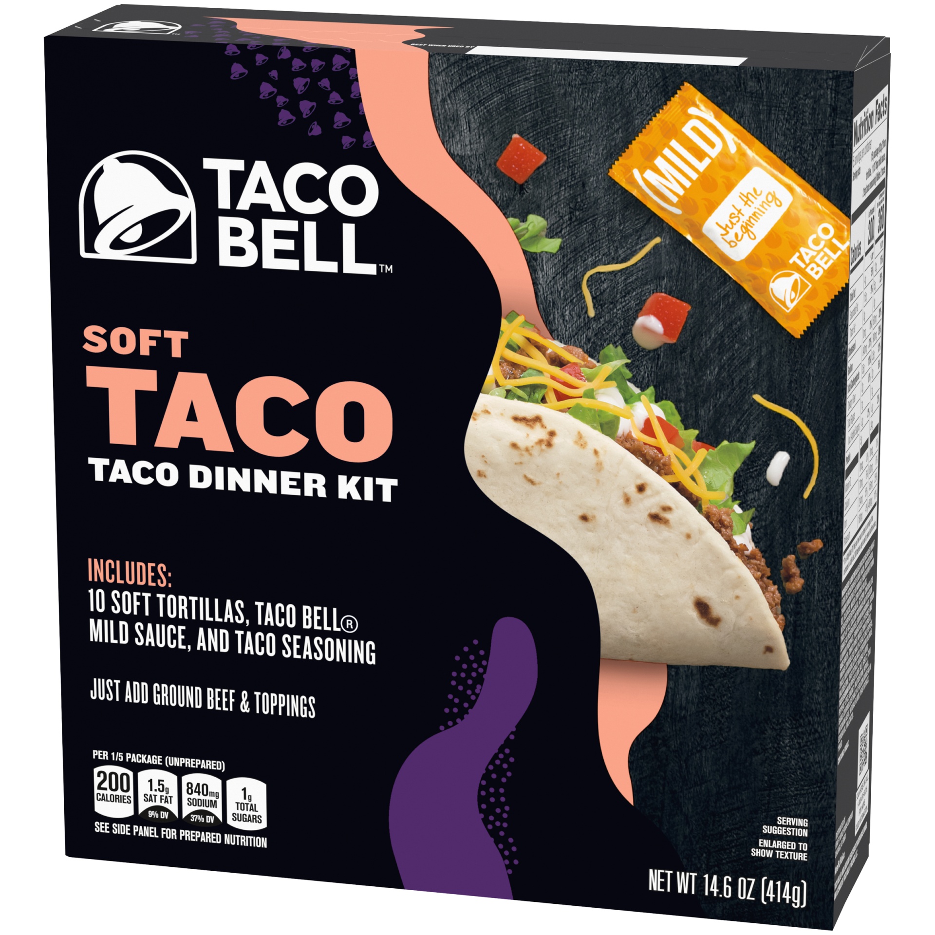 slide 4 of 6, Taco Bell Soft Taco Cravings Kit with 10 Soft Tortillas, Taco Bell Mild Sauce & Seasoning, 14.6 oz Box, 14.6 oz
