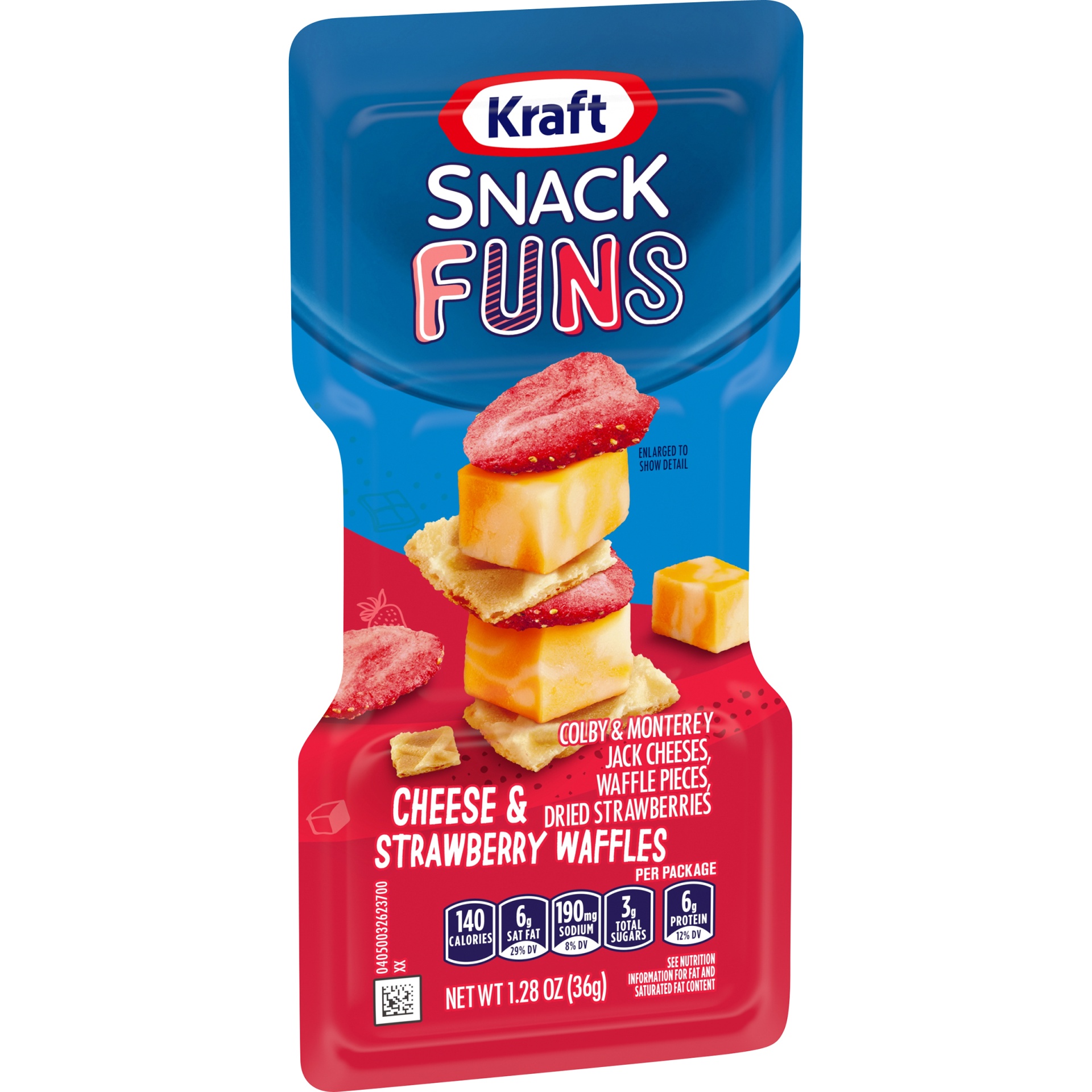 slide 2 of 6, Kraft Trios Snack Funs Cheese & Strawberry Waffles Snack Pack with Colby & Monterey Jack Cheeses, Waffle Pieces & Dried Strawberries Tray, 1.28 oz