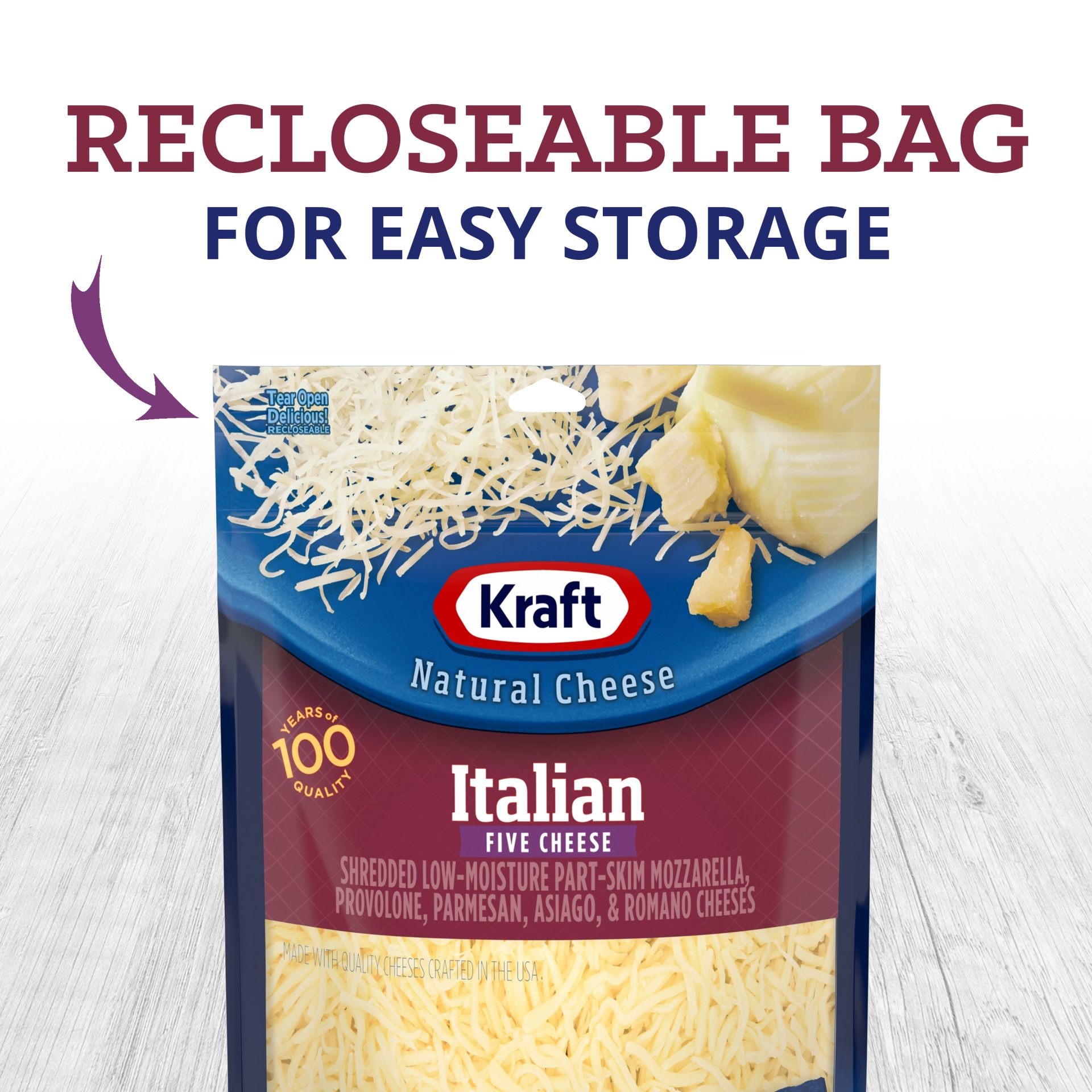 slide 2 of 9, Kraft Italian Five Cheese Blend Shredded Cheese, 8 oz Bag, 8 oz