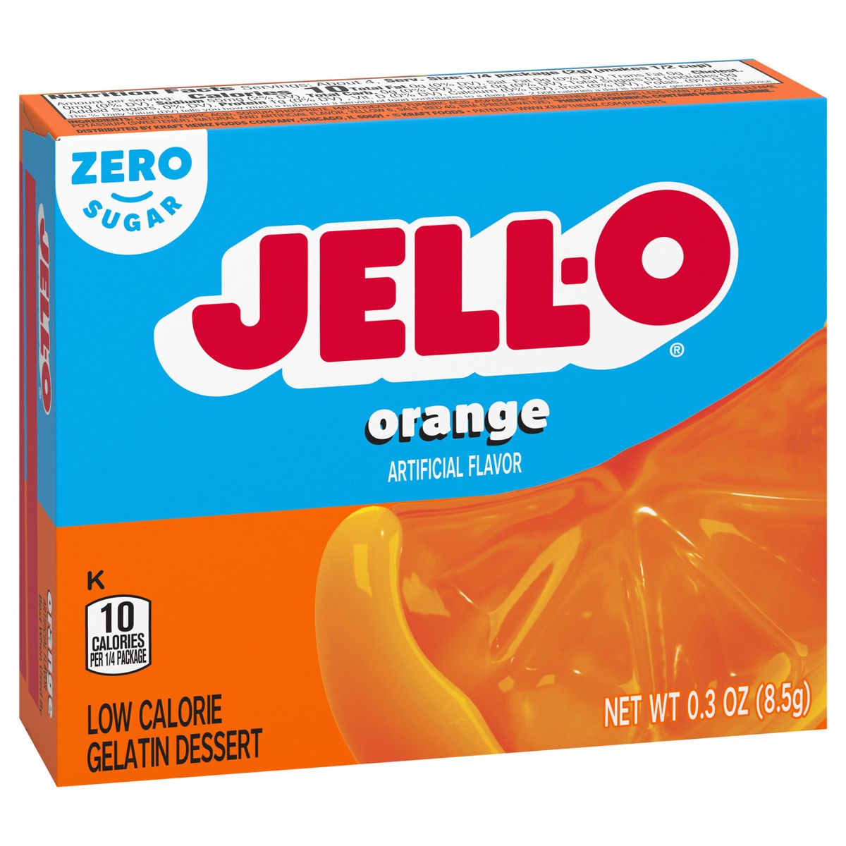 slide 2 of 13, Jell-O Orange Artificially Flavored Zero Sugar Low Calorie Gelatin Dessert Mix, 0.3 oz Box, 0.3 oz