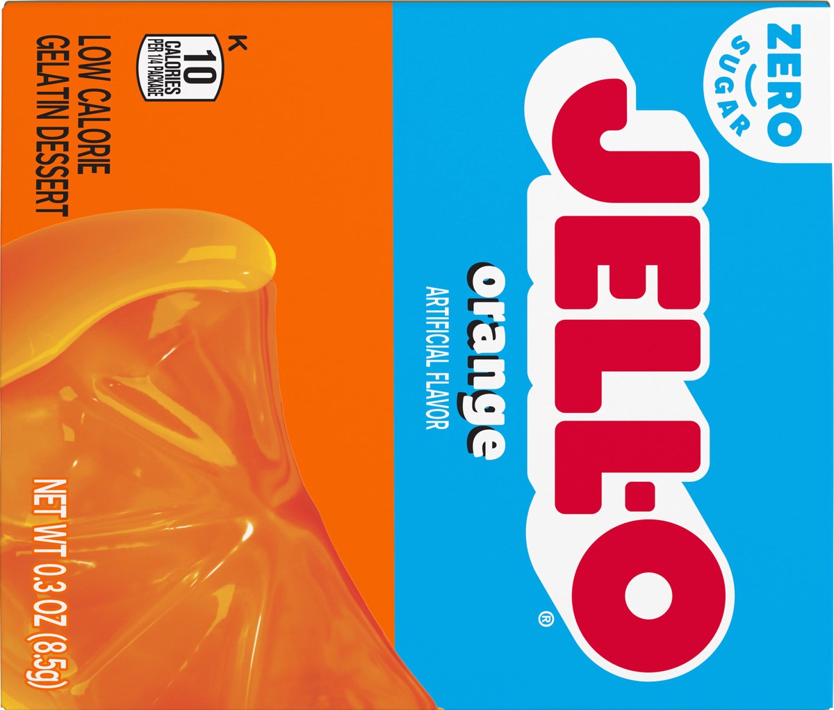 slide 9 of 13, Jell-O Orange Artificially Flavored Zero Sugar Low Calorie Gelatin Dessert Mix, 0.3 oz Box, 0.3 oz