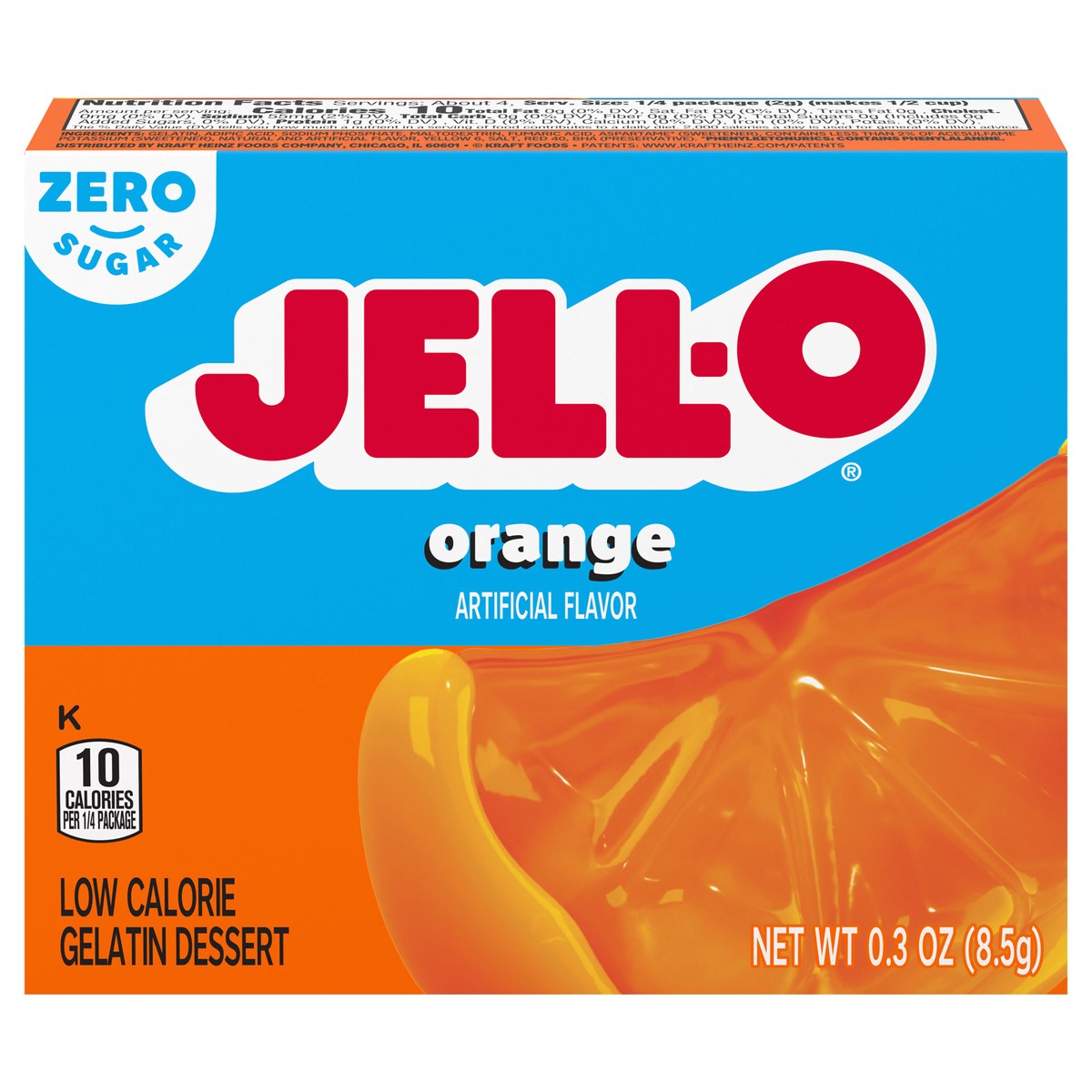 slide 4 of 13, Jell-O Orange Artificially Flavored Zero Sugar Low Calorie Gelatin Dessert Mix, 0.3 oz Box, 0.3 oz