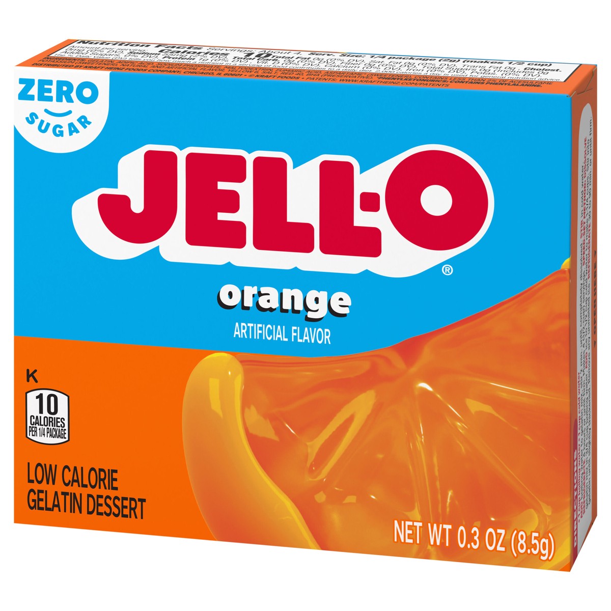 slide 5 of 13, Jell-O Orange Artificially Flavored Zero Sugar Low Calorie Gelatin Dessert Mix, 0.3 oz Box, 0.3 oz