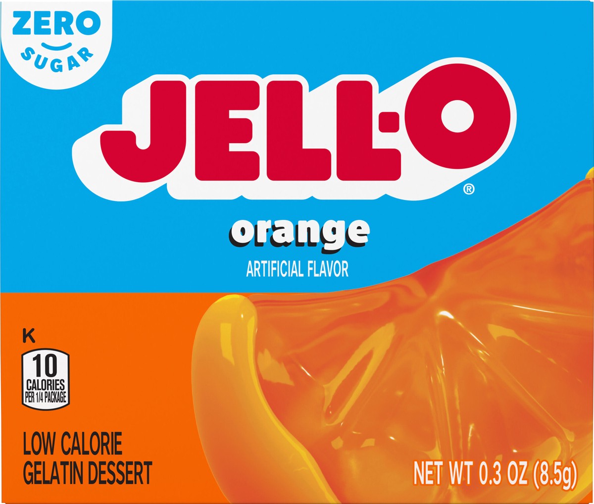 slide 6 of 13, Jell-O Orange Artificially Flavored Zero Sugar Low Calorie Gelatin Dessert Mix, 0.3 oz Box, 0.3 oz