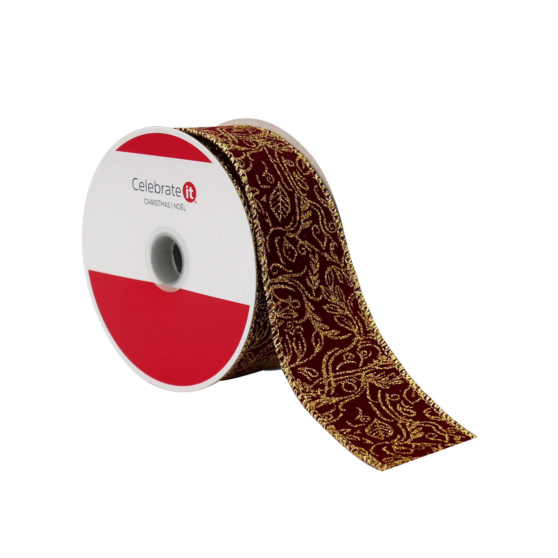 slide 3 of 3, 1.5" X 30ft. Burgundy & Gold Scroll Wired Ribbon By Celebrate It, 1.5 in x 30 ft