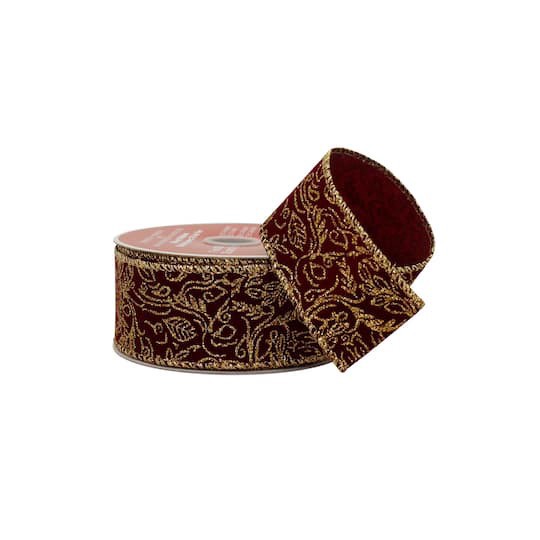 slide 1 of 3, 1.5" X 30ft. Burgundy & Gold Scroll Wired Ribbon By Celebrate It, 1.5 in x 30 ft