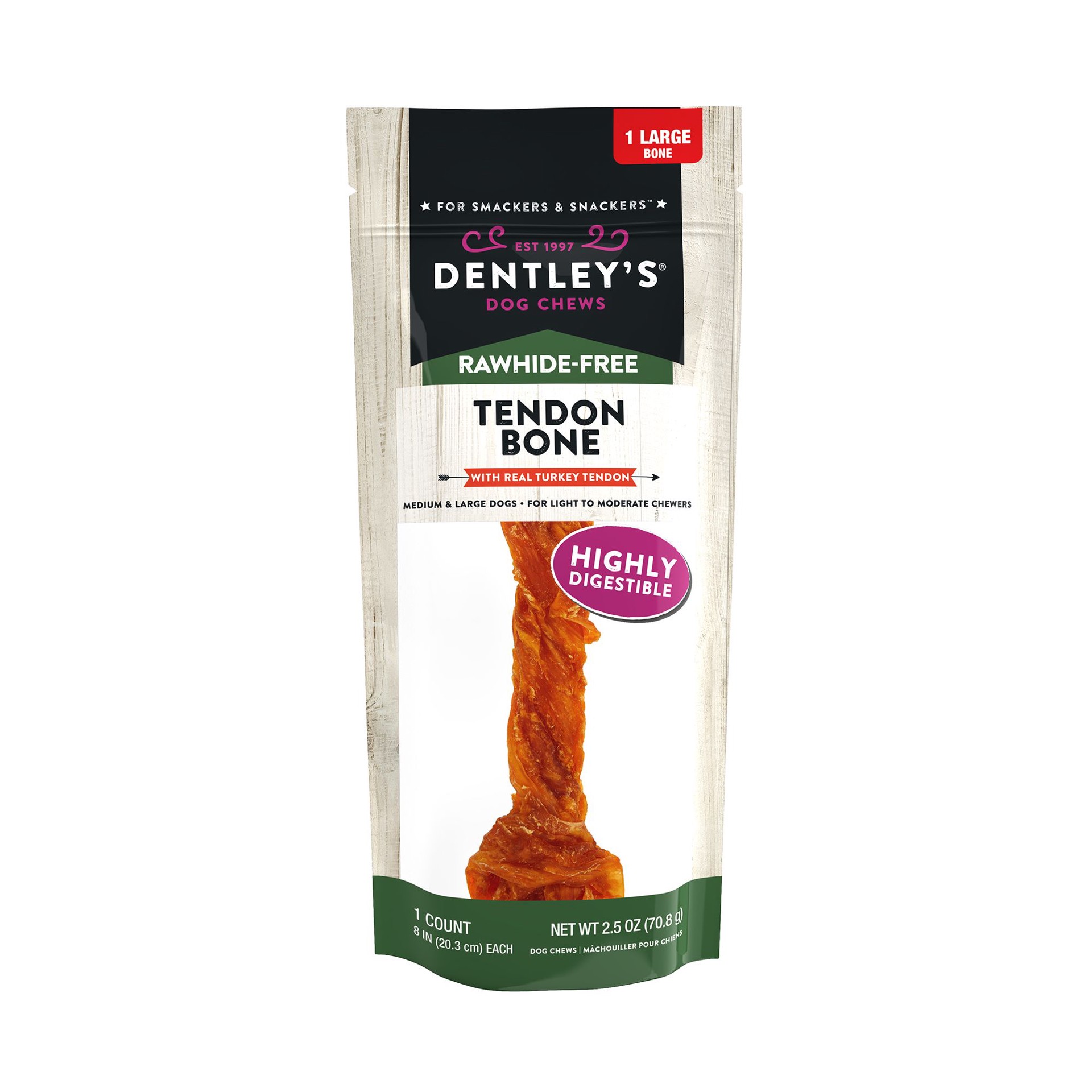 slide 1 of 1, Dentley's Rawhide-Free Turkey Tendon Bone Dog Chew - 1 Count, 1 ct