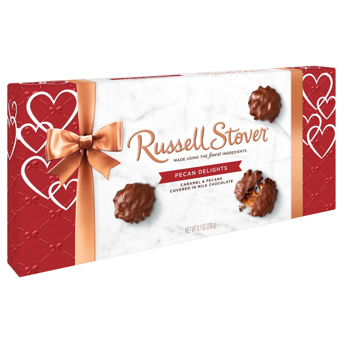 slide 5 of 10, RUSSELL STOVER Valentine's Day Milk Chocolate Pecan Delights Gift Box, 9.4 oz. (˜ 9 pieces), 8.1 oz