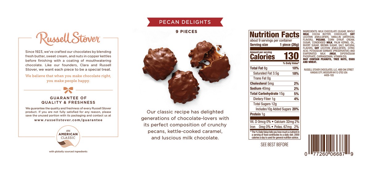 slide 10 of 10, RUSSELL STOVER Valentine's Day Milk Chocolate Pecan Delights Gift Box, 9.4 oz. (˜ 9 pieces), 8.1 oz