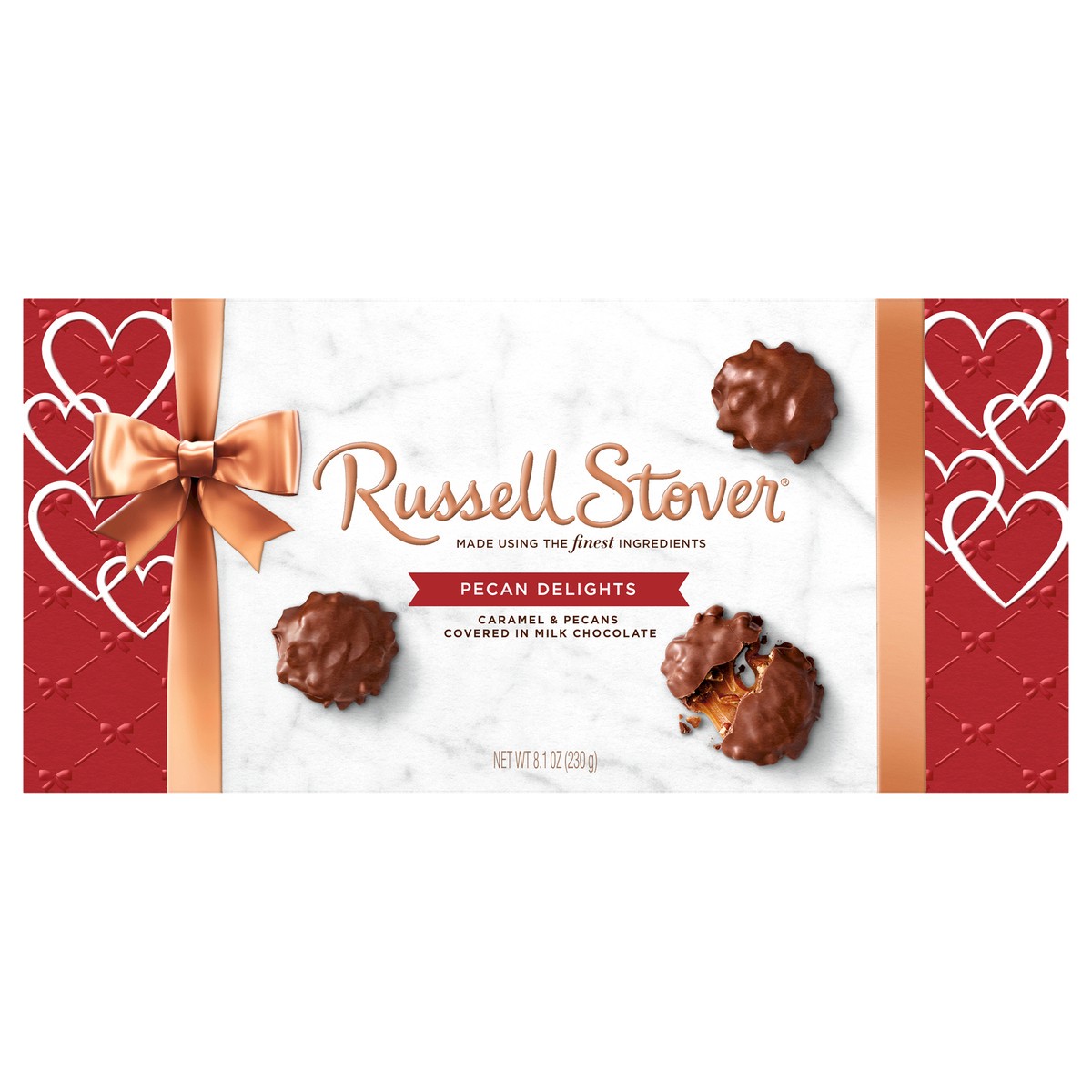 slide 7 of 10, RUSSELL STOVER Valentine's Day Milk Chocolate Pecan Delights Gift Box, 9.4 oz. (˜ 9 pieces), 8.1 oz