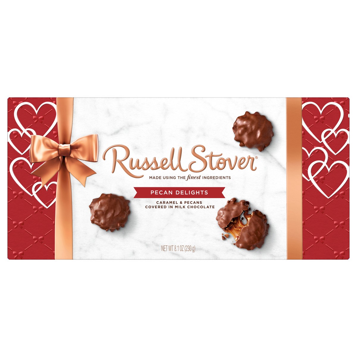 slide 1 of 10, RUSSELL STOVER Valentine's Day Milk Chocolate Pecan Delights Gift Box, 9.4 oz. (˜ 9 pieces), 8.1 oz