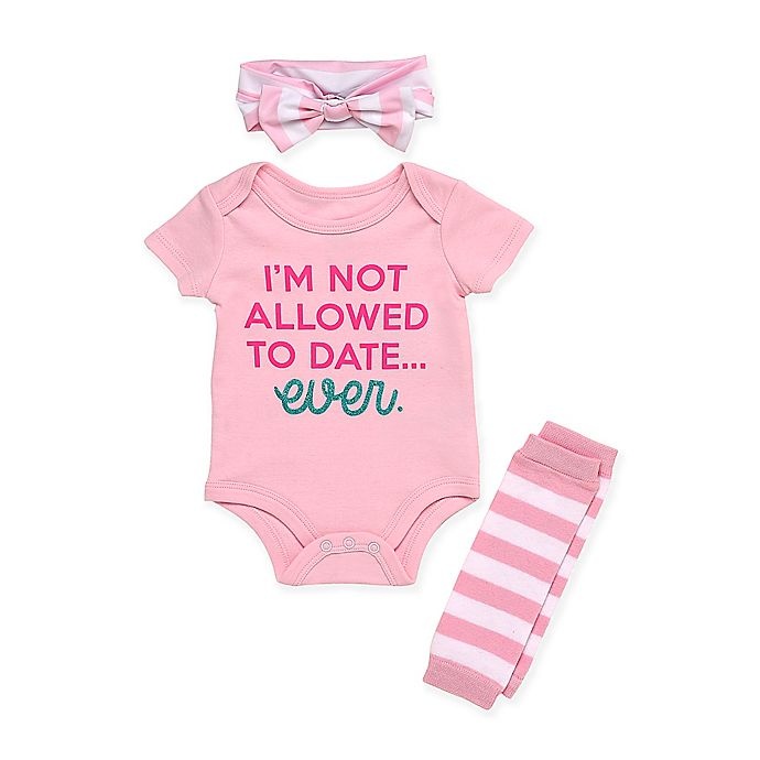 slide 1 of 1, Baby Starters Not Allowed to Date" Bodysuit, Leg Warmer, and Headband Set - Pink", 3 ct