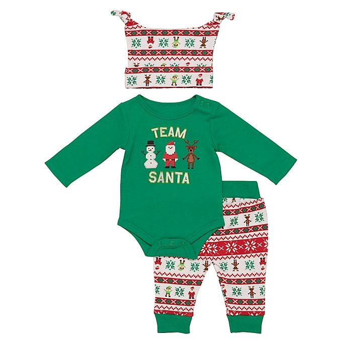 slide 1 of 1, Baby Starters Newborn Team Santa" Bodysuit, Pant, and Hat Set - Green", 3 ct