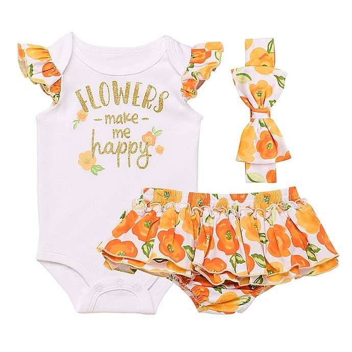 slide 1 of 1, Baby Starters Newborn Flowers Make Me Happy Bodysuit, Diaper Pant and Headband Set - Orange, 1 ct