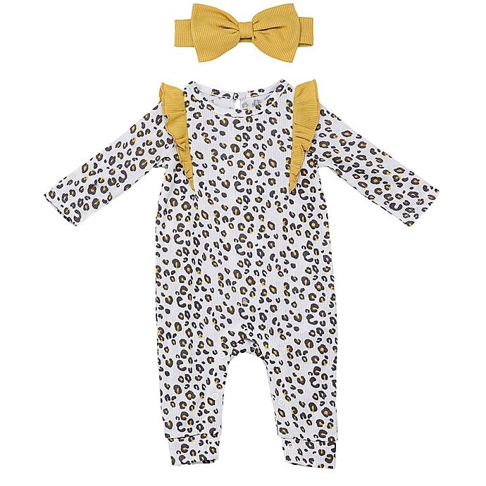 slide 1 of 1, Baby Starters Newborn Leopard Coverall and Headband Set - Mustard, 2 ct