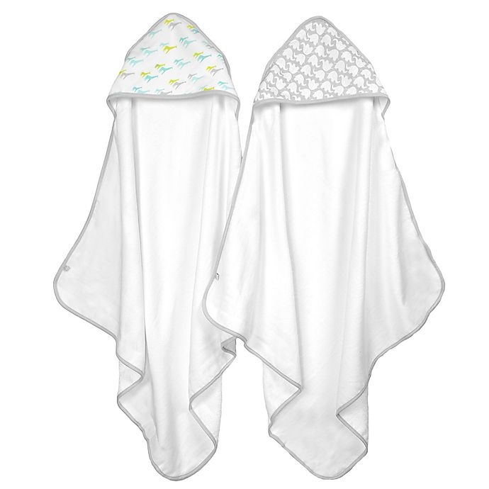 slide 1 of 2, Just Born Giraffe & Elephant Neutral Hooded Towel Set - White/Green, 2 ct