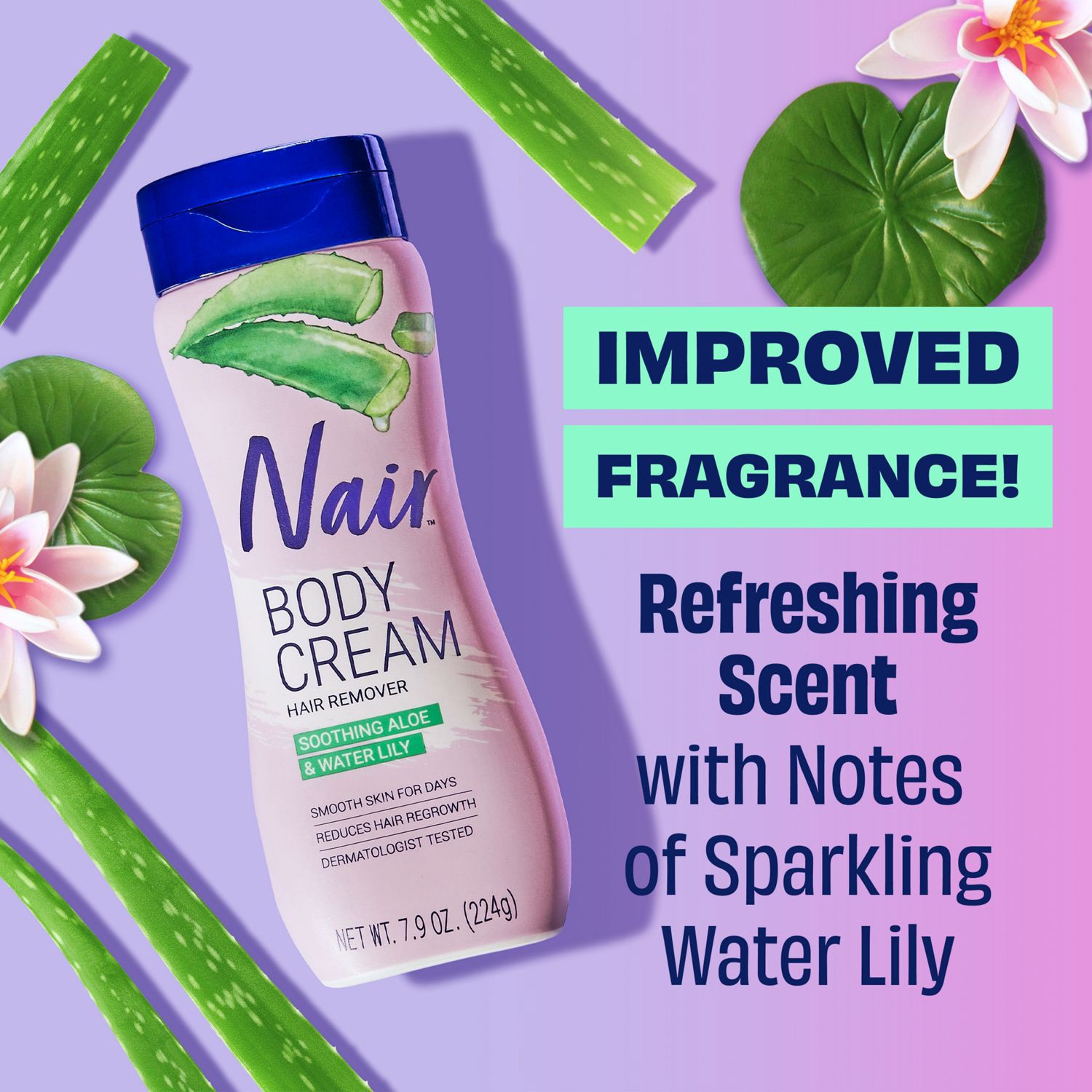 slide 5 of 10, Nair Body Cream Hair Remover with Soothing Aloe and Water Lily, Body Hair Removal Cream for Women, 7.9 oz, 7.9 oz