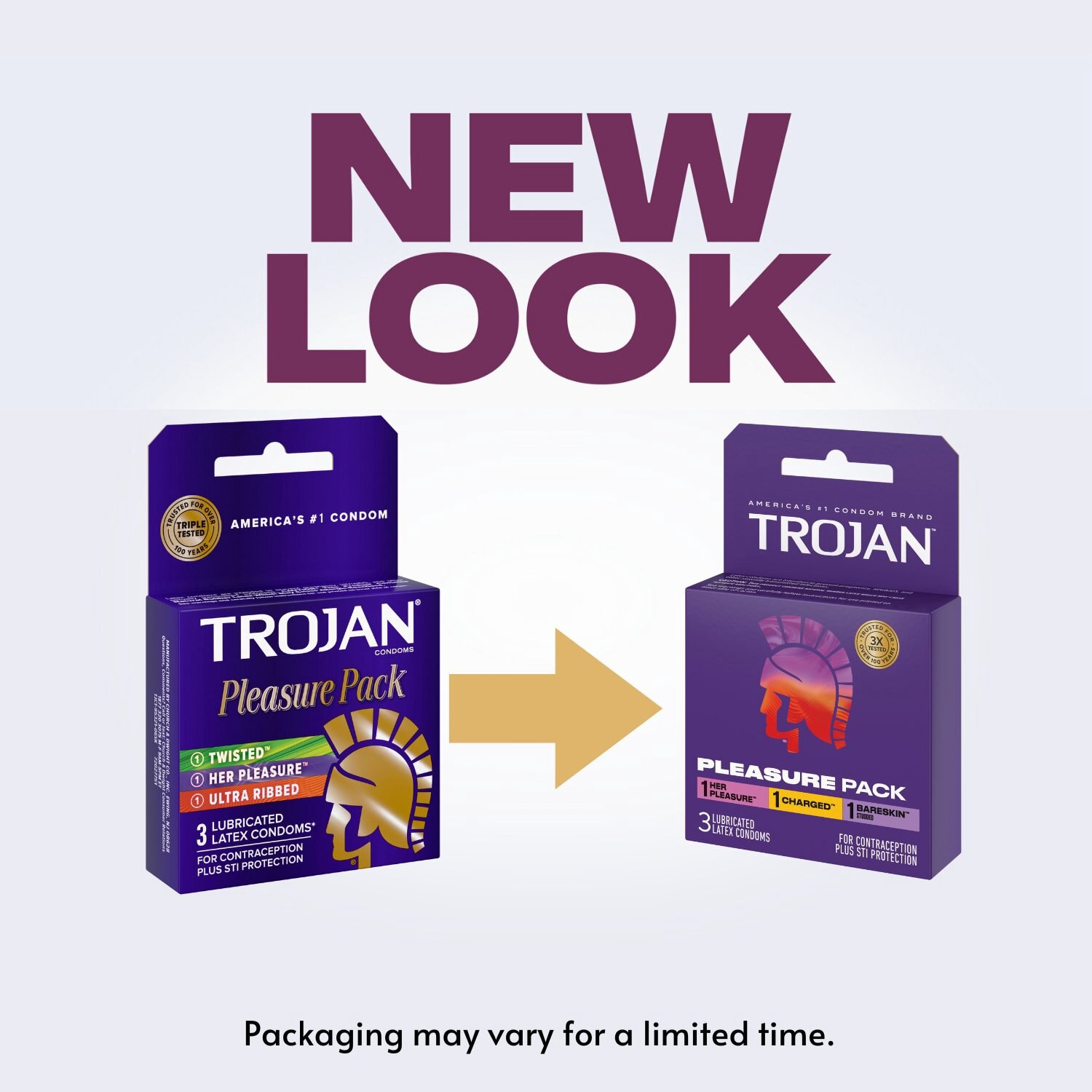 slide 6 of 6, Trojan Pleasure Pack, Assorted Latex Lubricated Condoms for Men, Her Pleasure, Bareskin Studded, Ecstasy & Charged Varieties, 3 Count, 3 ct