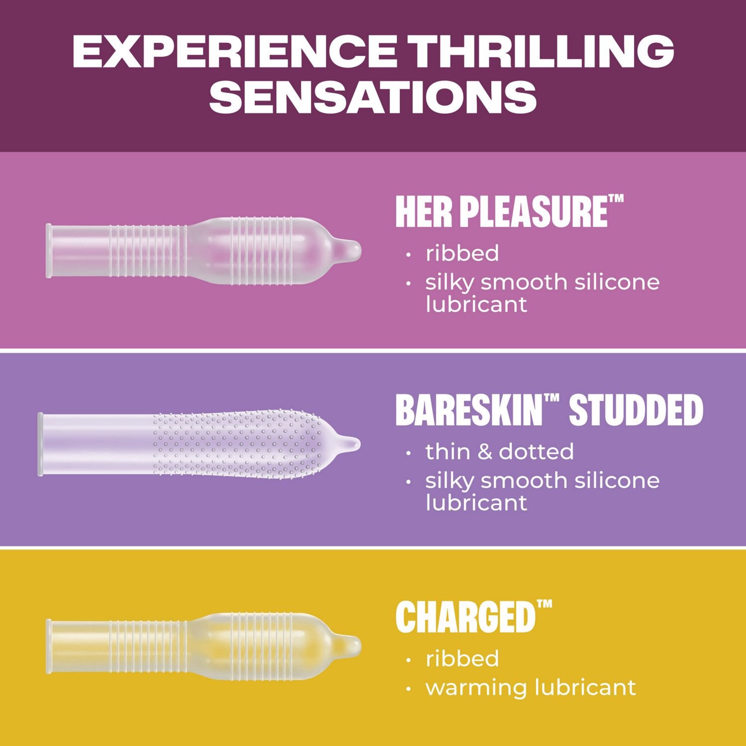 slide 4 of 6, Trojan Pleasure Pack, Assorted Latex Lubricated Condoms for Men, Her Pleasure, Bareskin Studded, Ecstasy & Charged Varieties, 3 Count, 3 ct