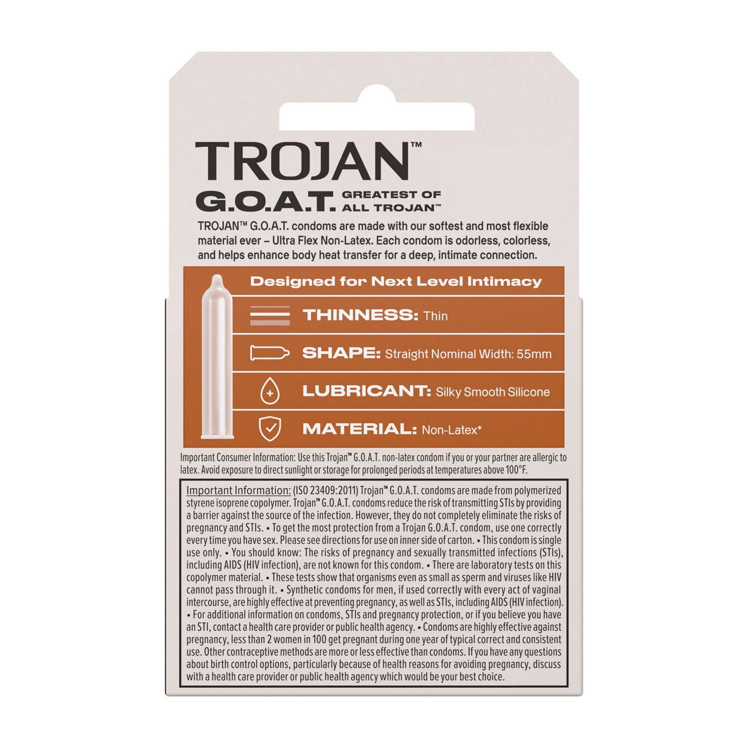 slide 3 of 3, Trojan G.O.A.T. Latex-Free Lubricated Condoms for Men, Patent Pending Ultra Flex Non-Latex Material, Soft, Strong, Odorless & Colorless, 3 Count, 3 ct