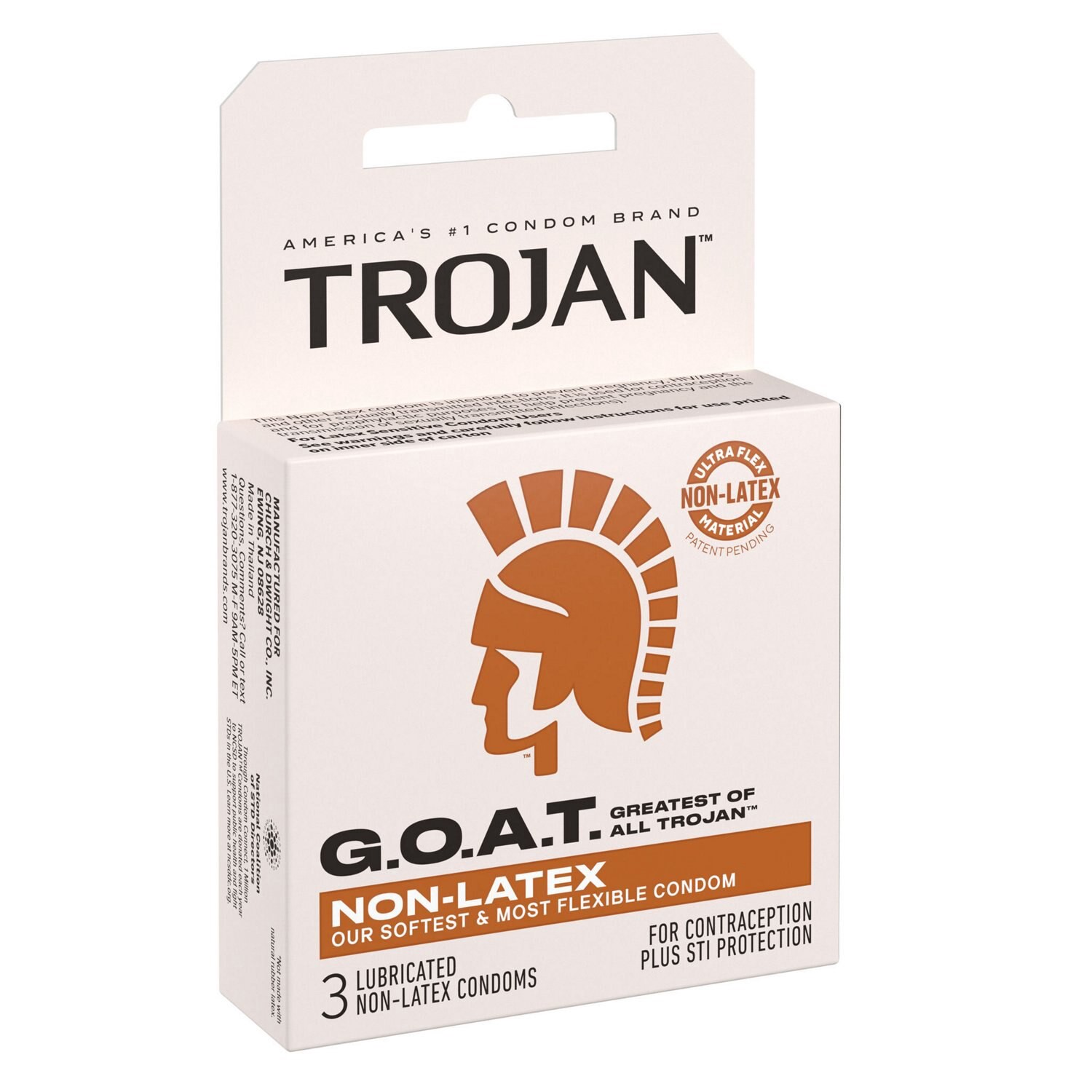 slide 2 of 3, Trojan G.O.A.T. Latex-Free Lubricated Condoms for Men, Patent Pending Ultra Flex Non-Latex Material, Soft, Strong, Odorless & Colorless, 3 Count, 3 ct