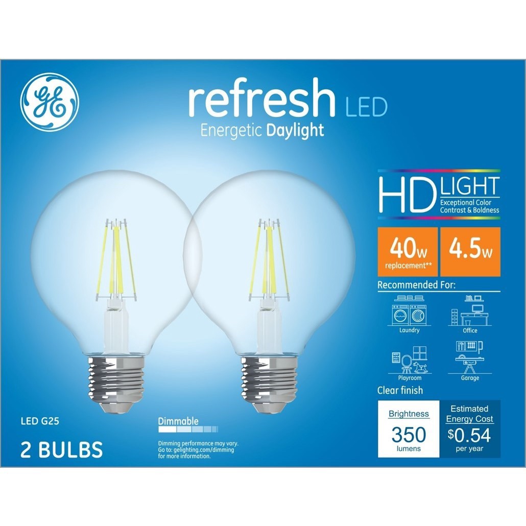 slide 1 of 2, GE Refresh 40 Watt Equivalent Dimmable Daylight G25 Led Light Fixture Light Bulbs, 2 ct